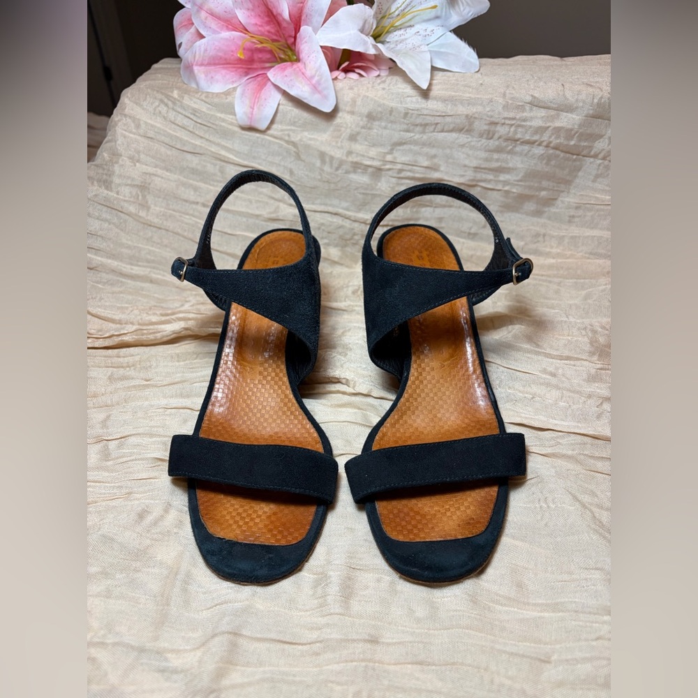 Chie Mihara black suede slingback wedge sandals